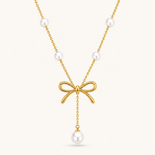Gllora Celeste Bow Pearl Station Pendant Necklace