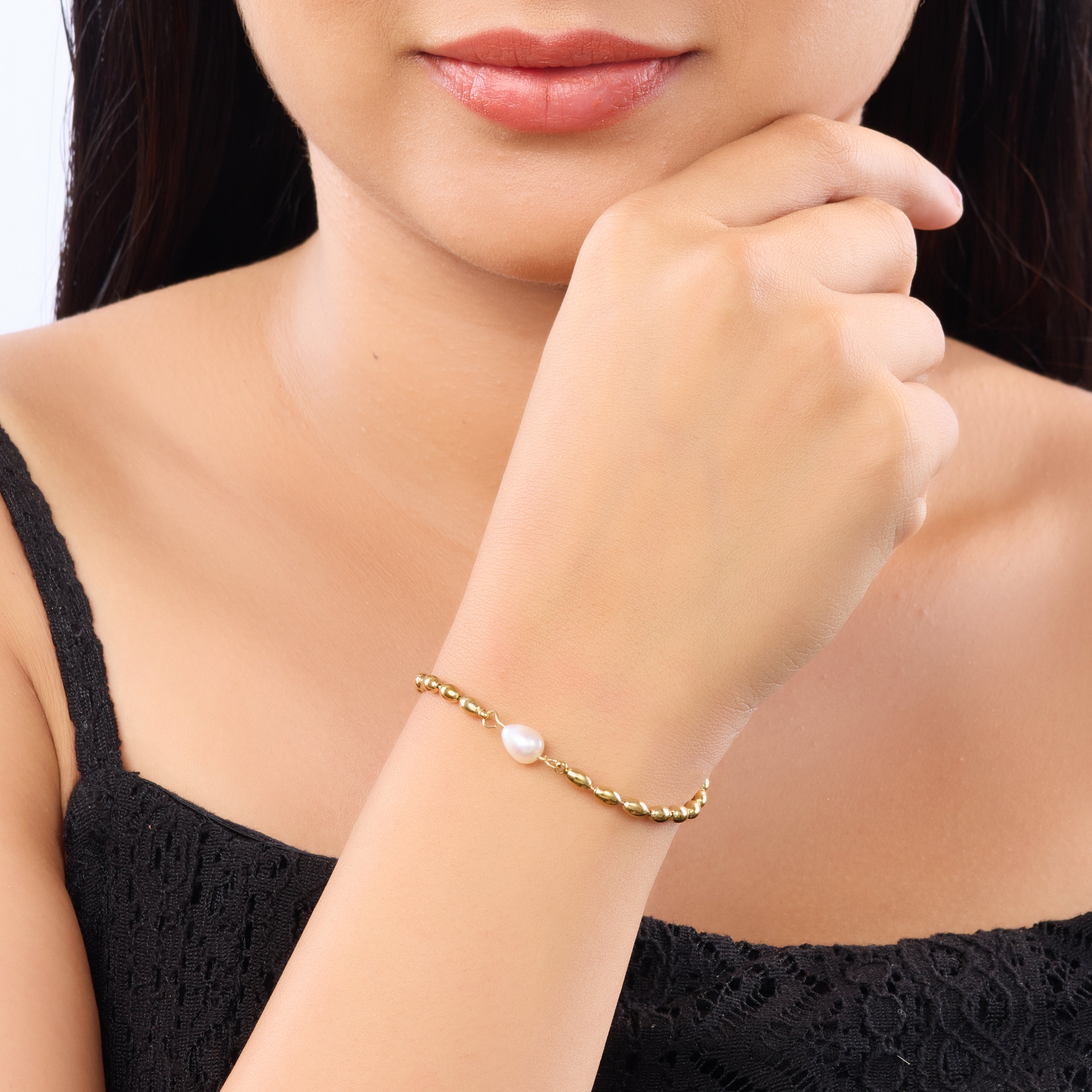 Pearl Bean Chain Heart Accent Bracelet