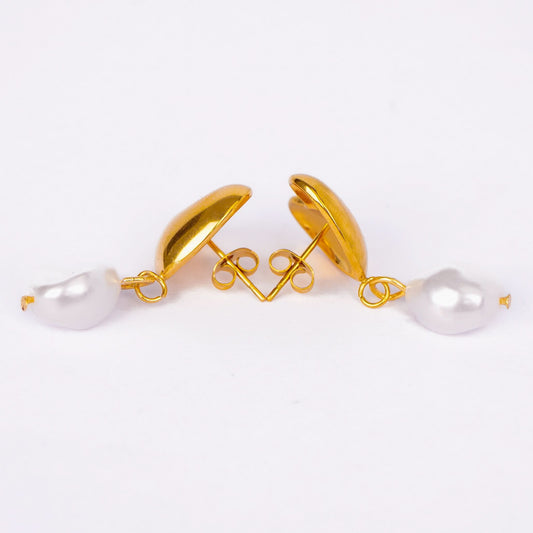 Golden Heart Pearl Drop Earrings