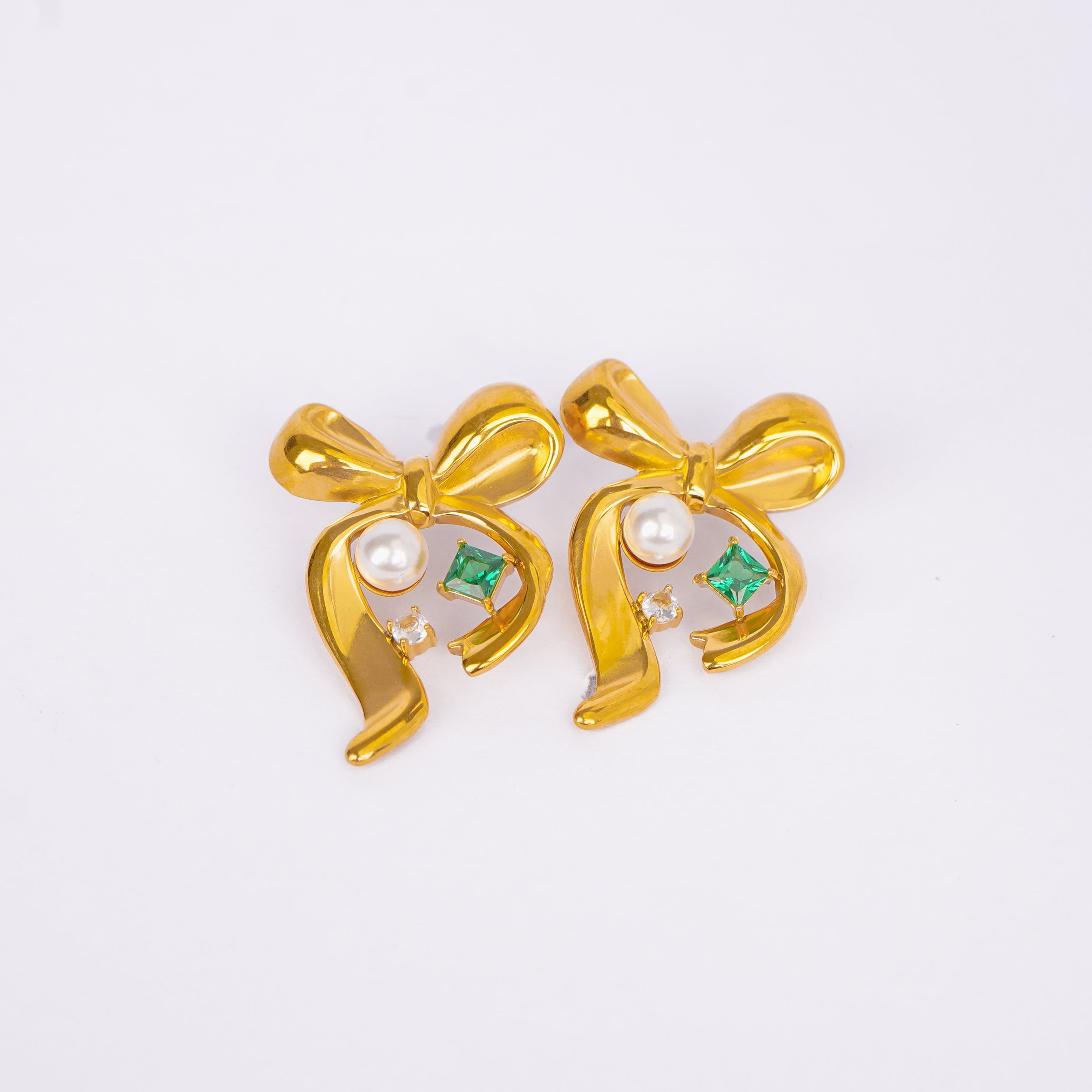 Pearl & Emerald Accent Bow Earrings