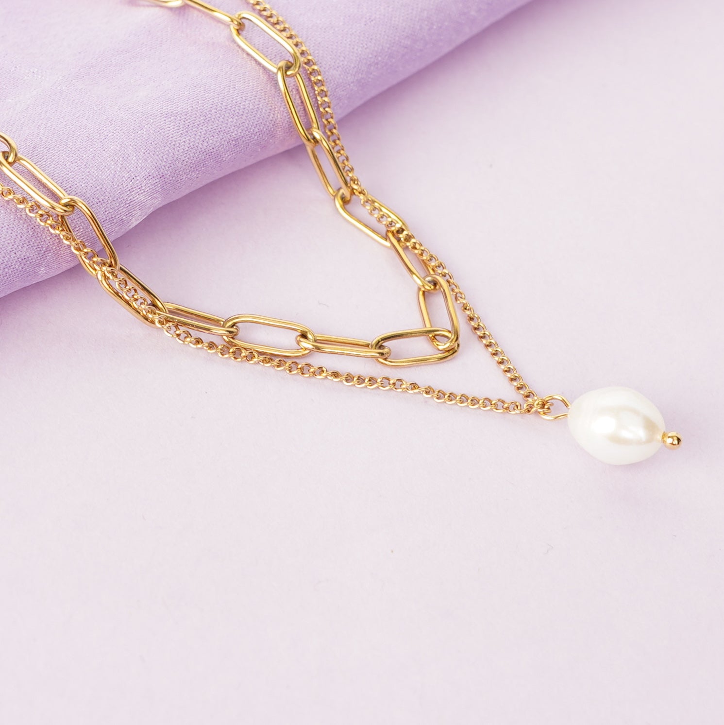 Pearl Heart Layered Chain Necklace