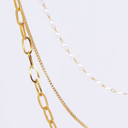 Layered Gold & Pearl Chain Necklace Set