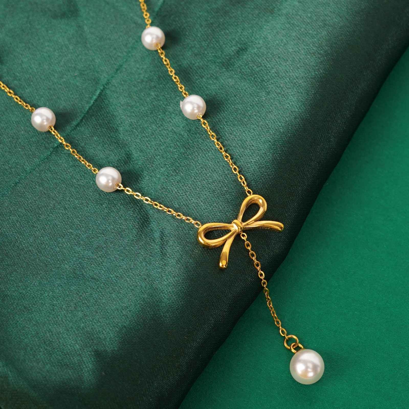 Gllora Celeste Bow Pearl Station Pendant Necklace