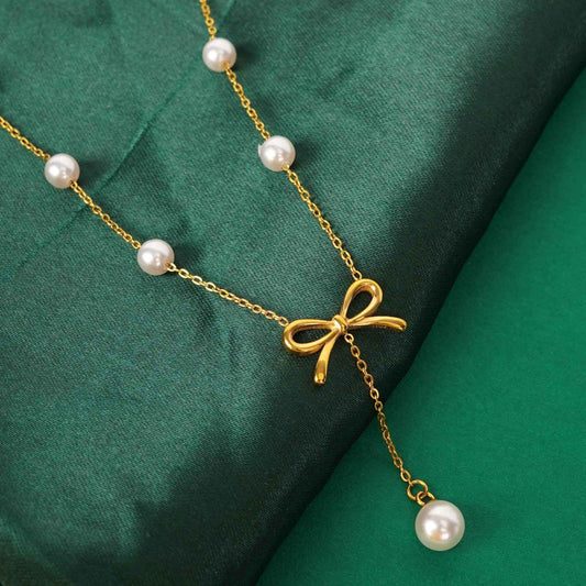 Gllora Celeste Bow Pearl Station Pendant Necklace