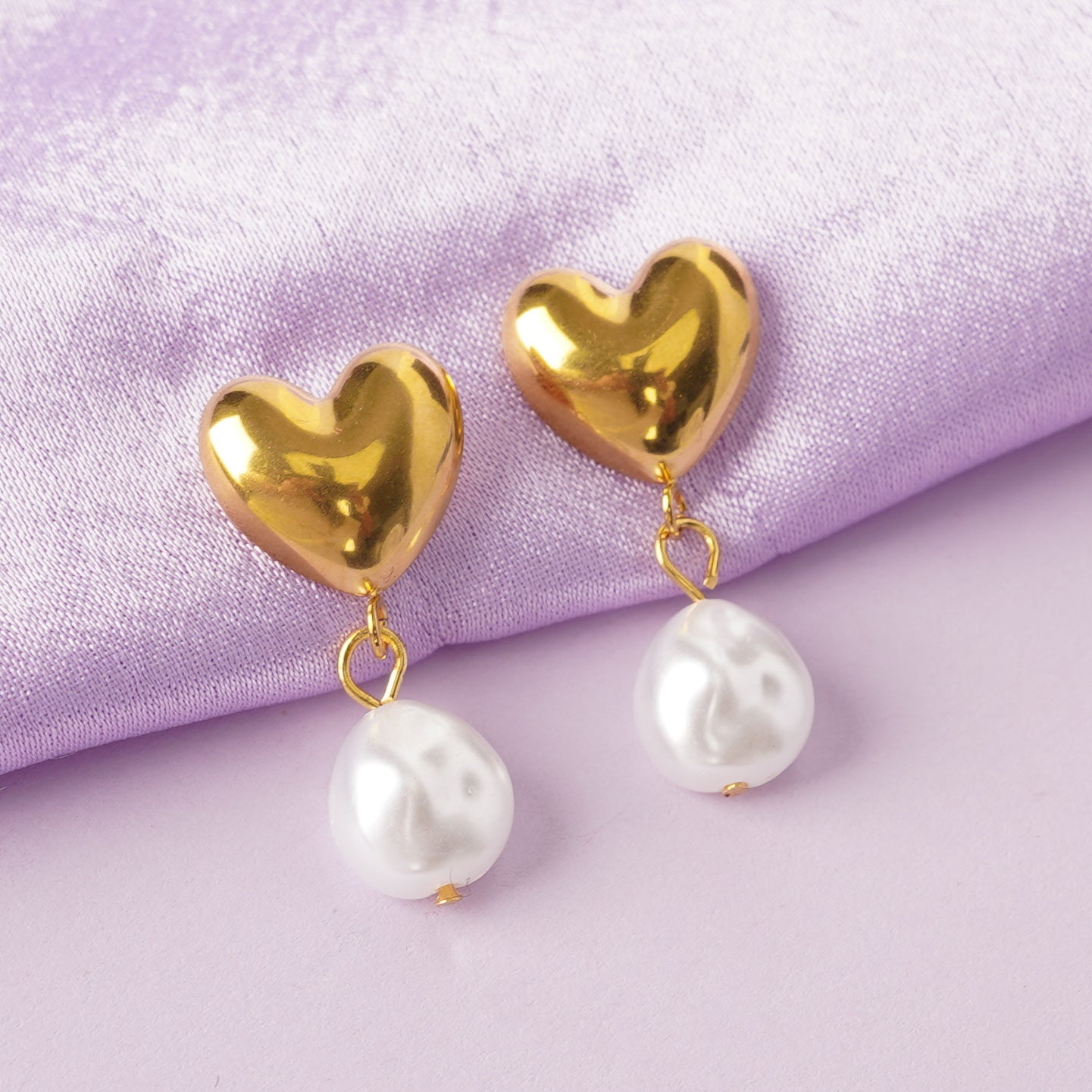 Golden Heart Pearl Drop Earrings