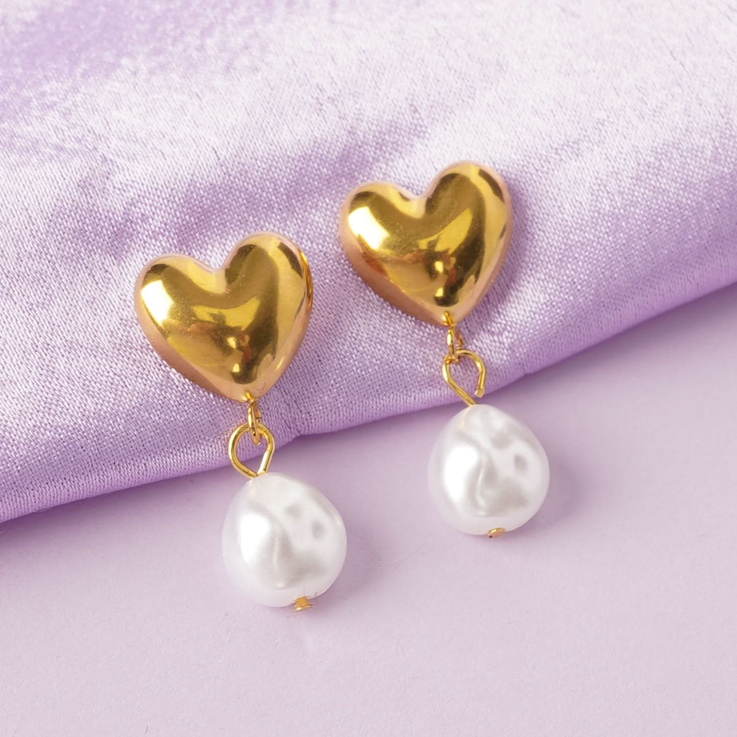 Golden Heart Pearl Drop Earrings