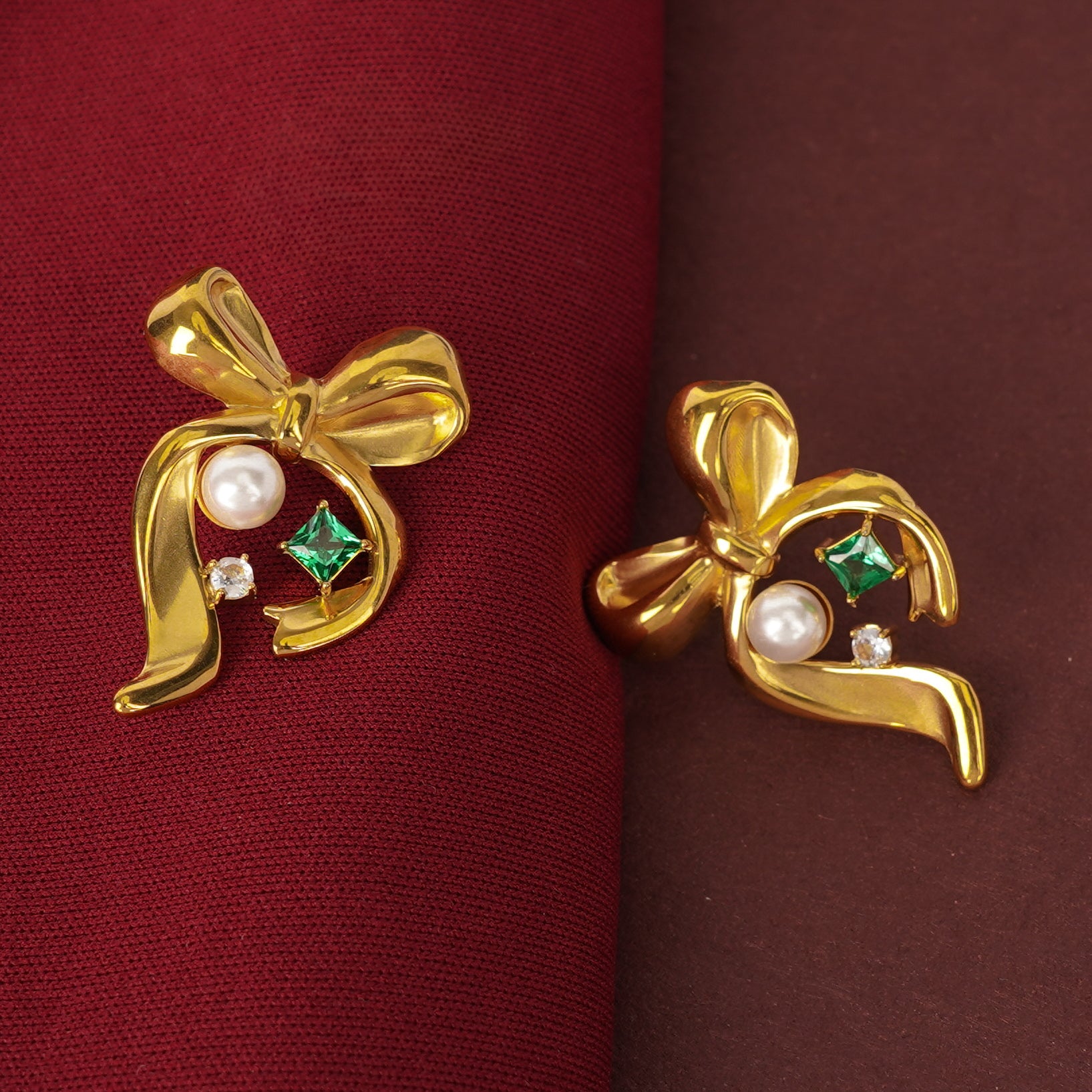 Pearl & Emerald Accent Bow Earrings