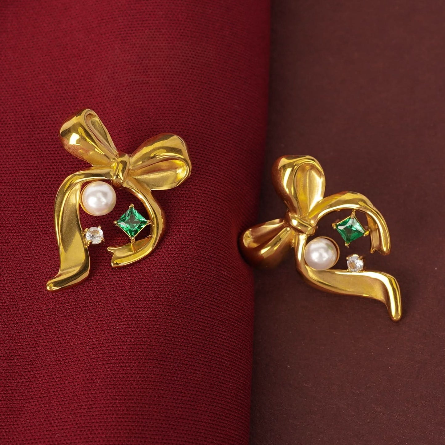 Pearl & Emerald Accent Bow Earrings