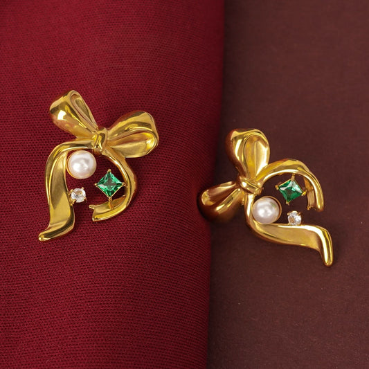 Pearl & Emerald Accent Bow Earrings