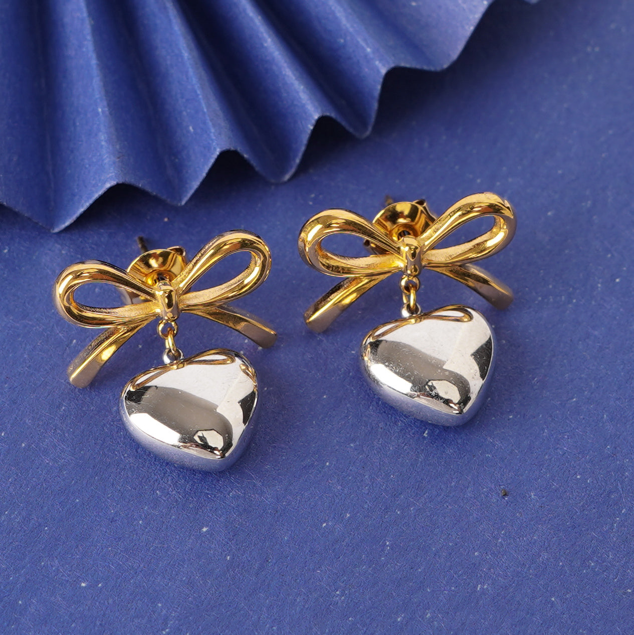 Bow Silver-Tone Heart Drop Earrings