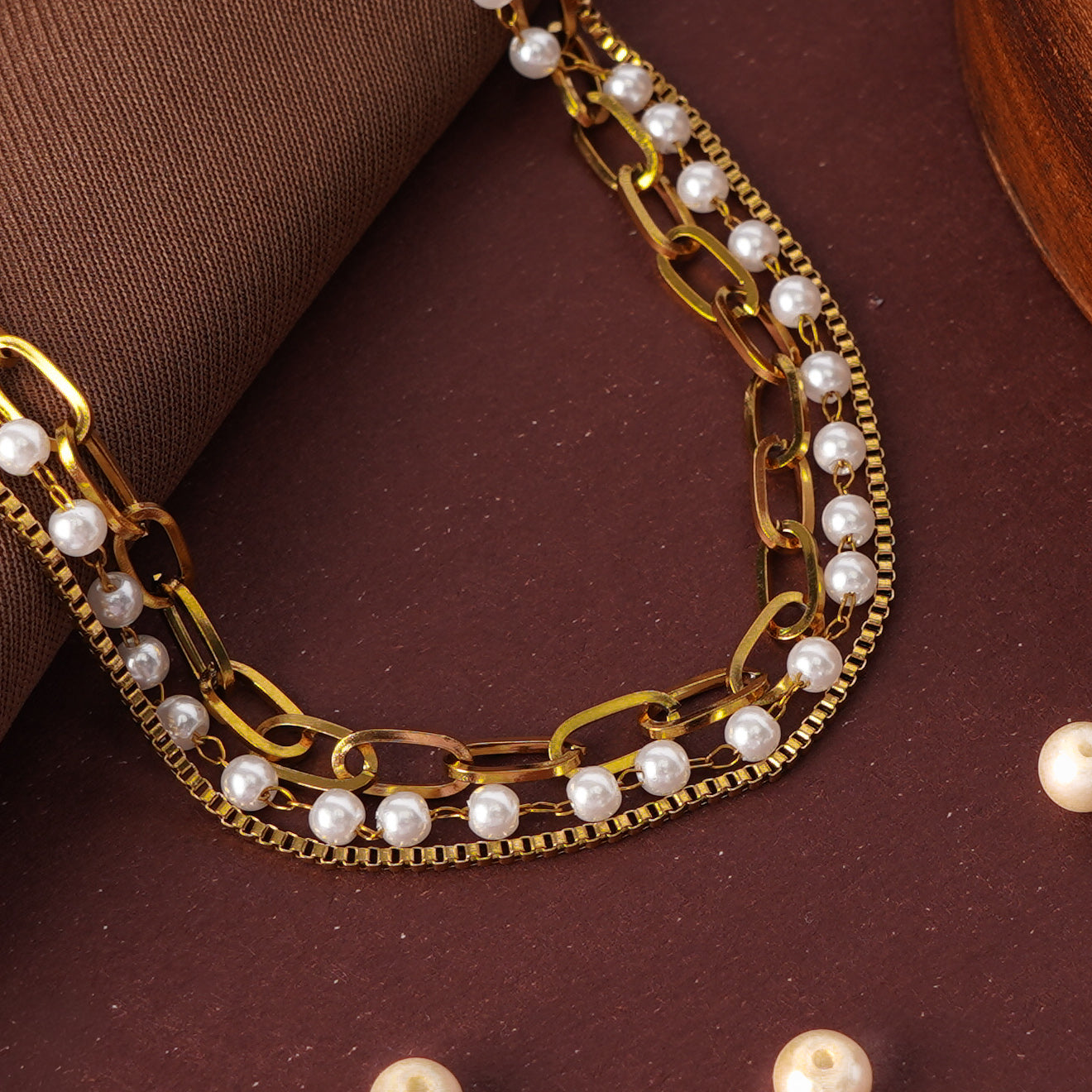 Layered Gold & Pearl Chain Necklace Set
