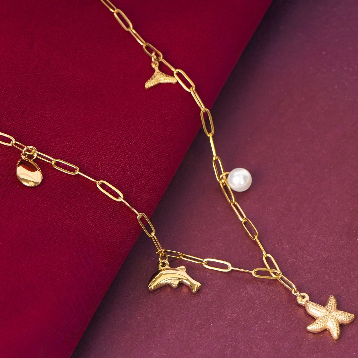 Starfish & Seashell Charm Necklace with Pearl