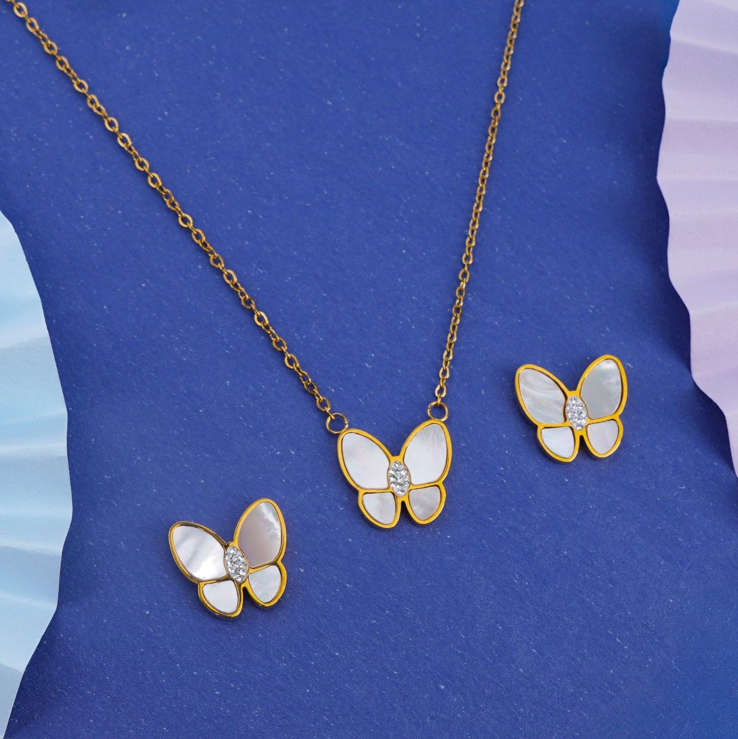 Golden Butterfly Pearl Necklace & Earrings
