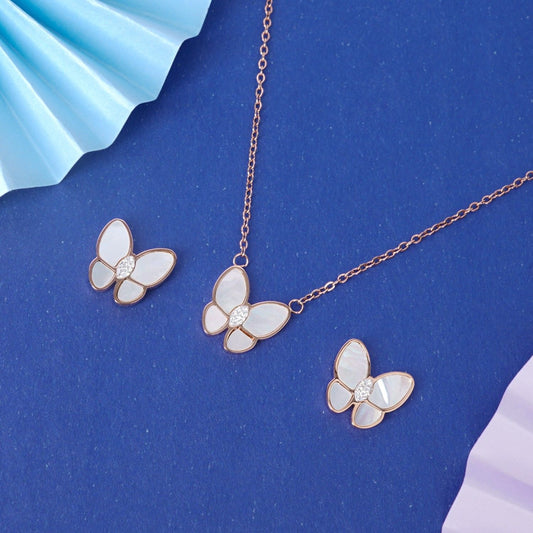 Golden Butterfly Pearl Necklace & Earrings