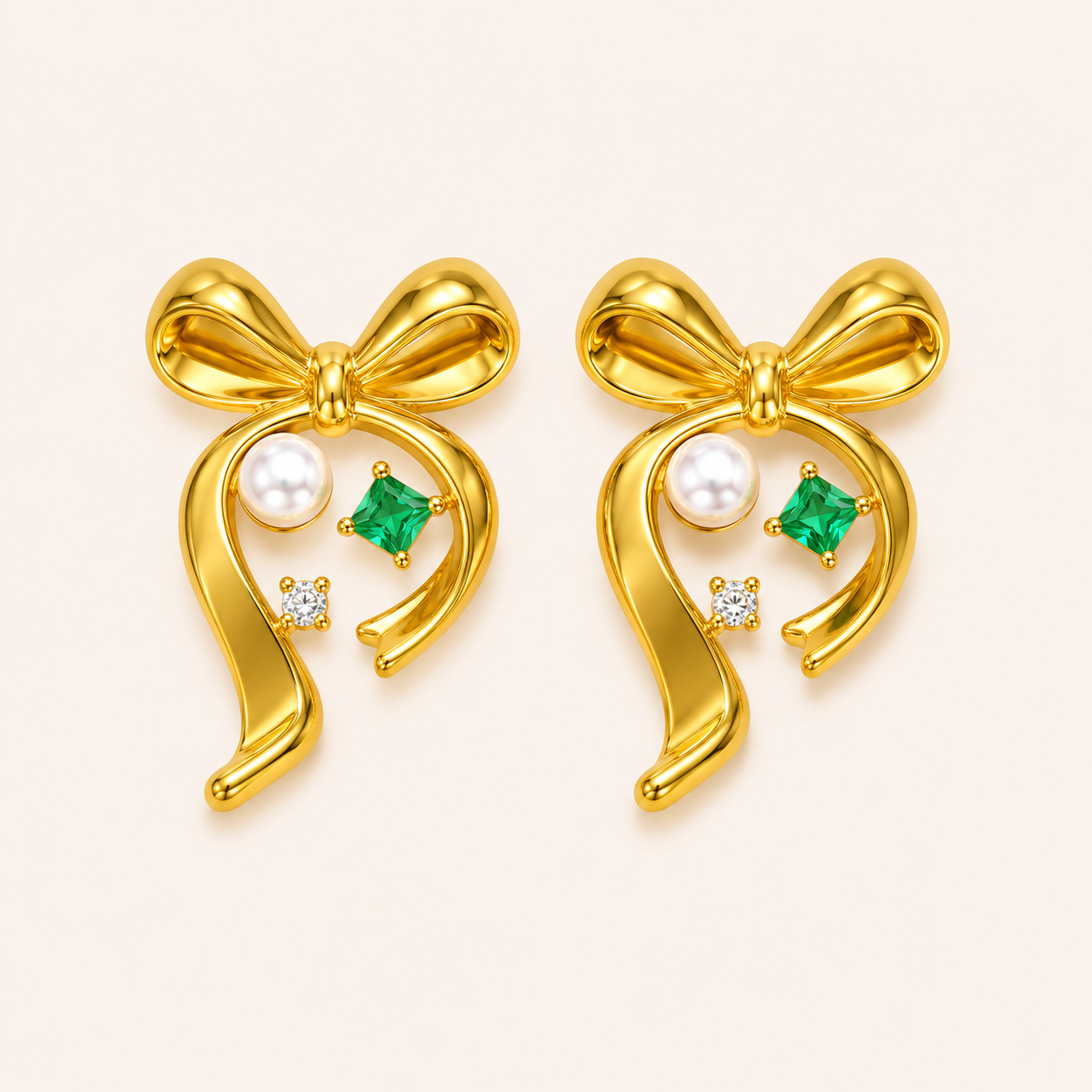 Pearl & Emerald Accent Bow Earrings
