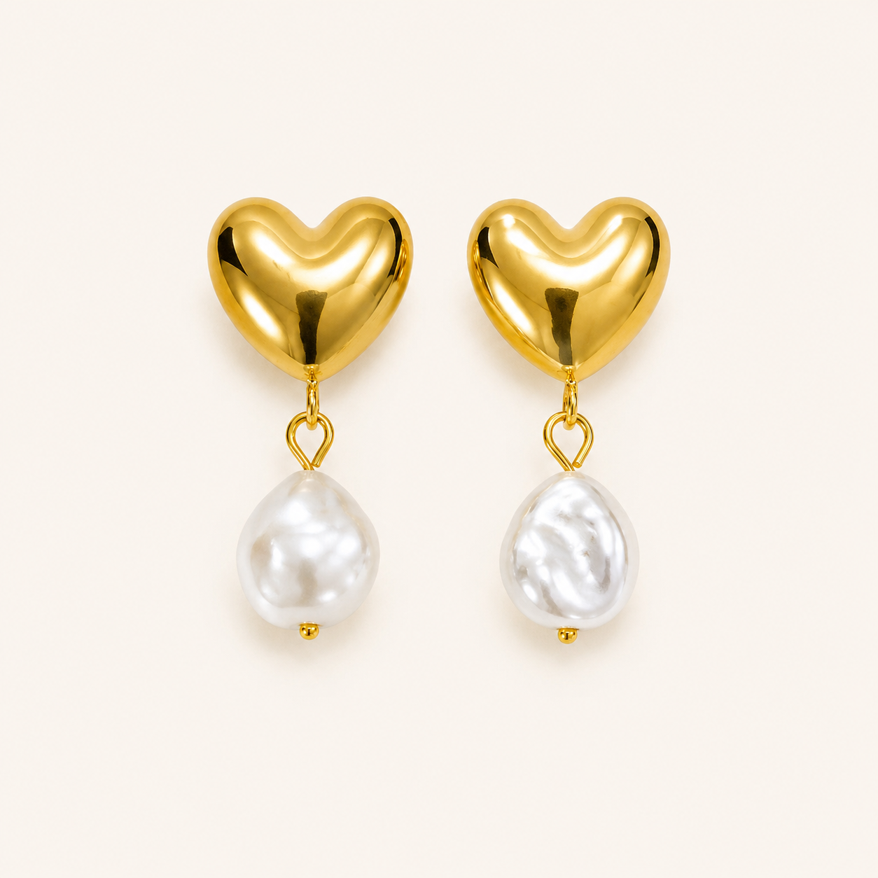 Golden Heart Pearl Drop Earrings