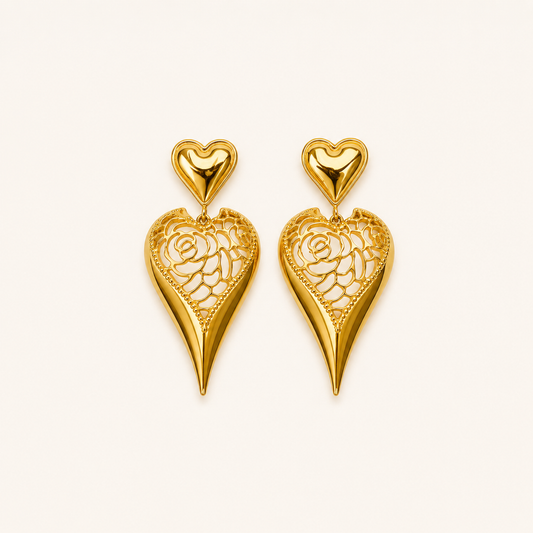 Golden Heart Lace Drop Earrings
