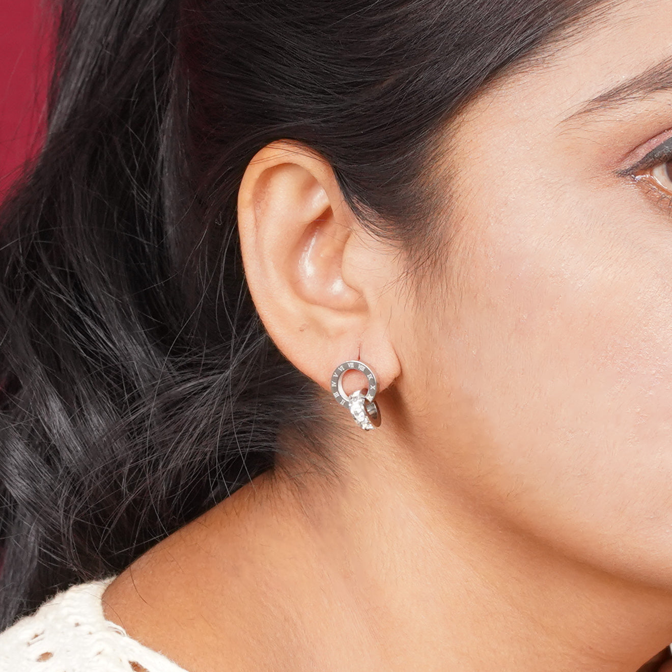 Roman Numeral Zircon Hoop Stud Earrings