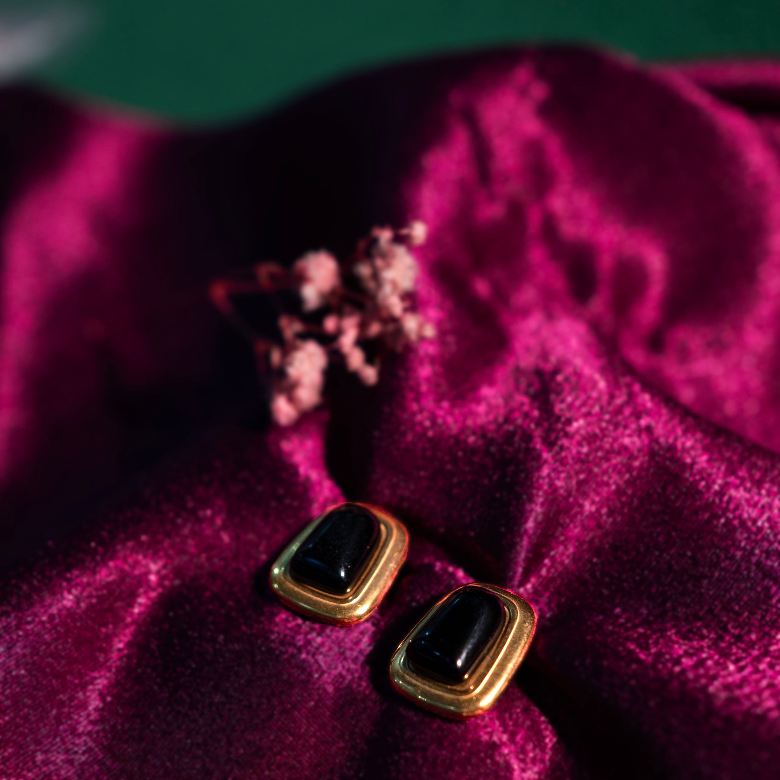 Black Stone Rectangle Stud Earrings
