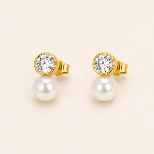 Pearl Drop Stud Earrings with Zircon Accent