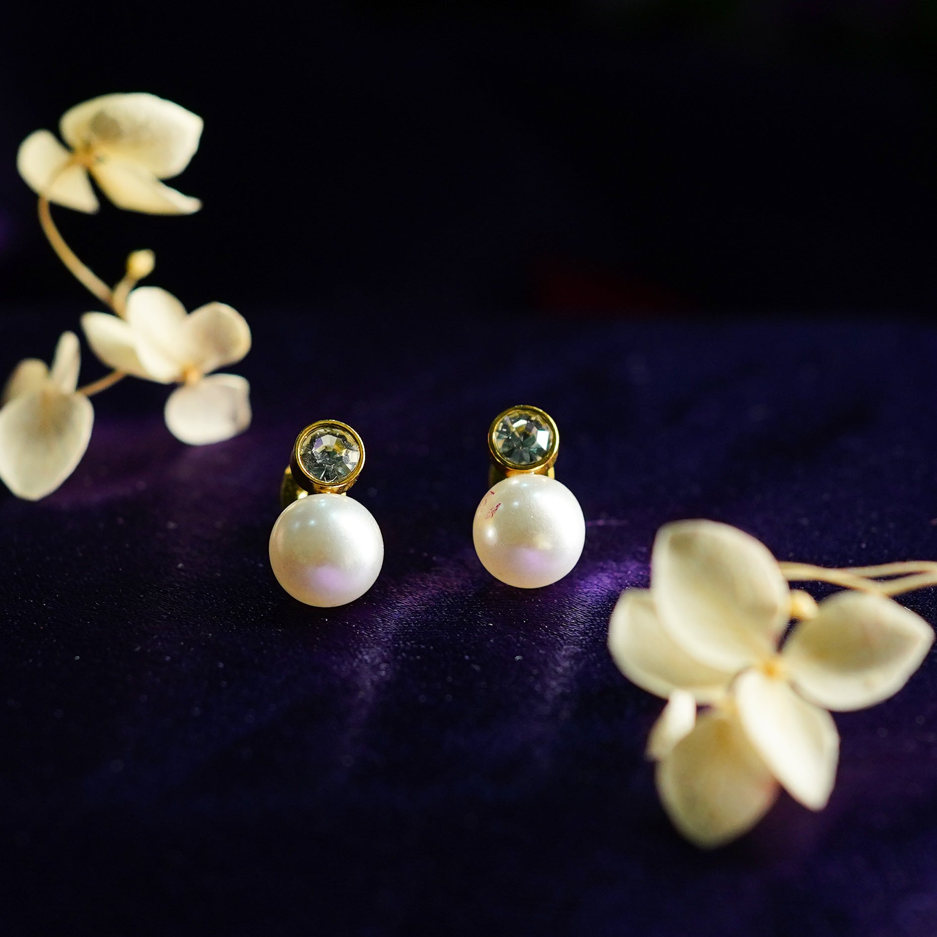 Pearl Drop Stud Earrings with Zircon Accent