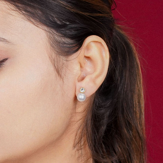 Pearl Drop Stud Earrings with Zircon Accent