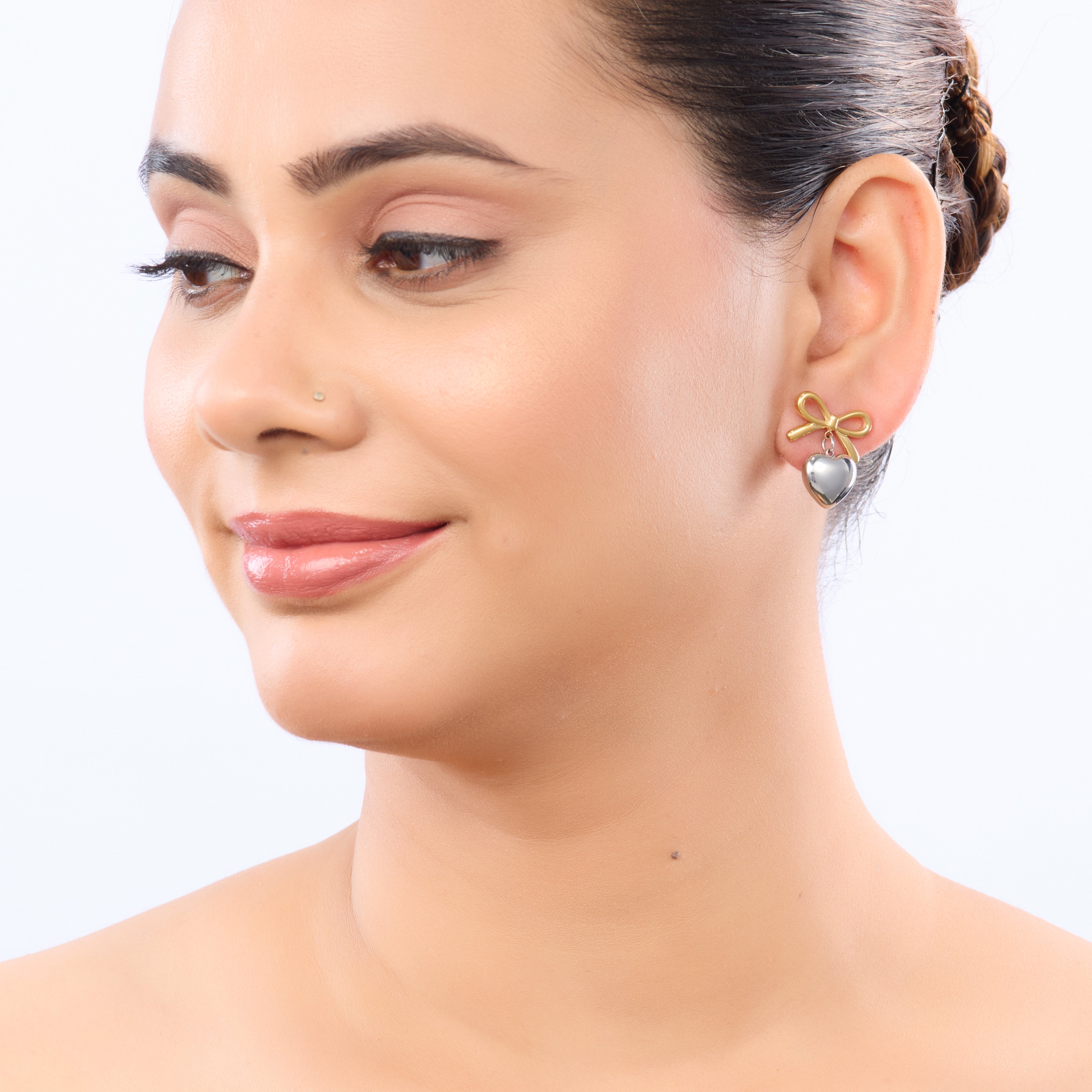 Bow Silver-Tone Heart Drop Earrings