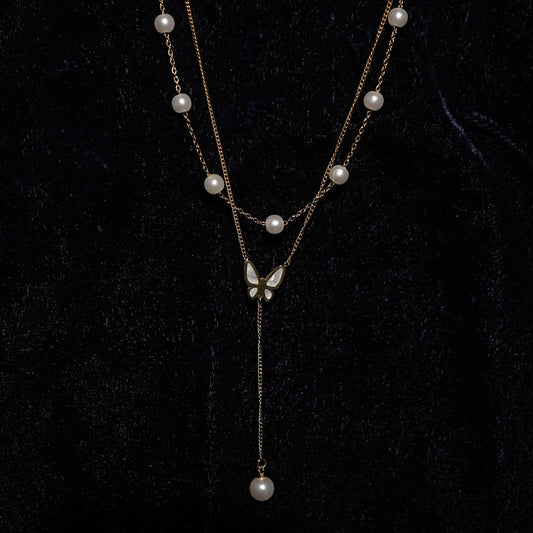 Layered Pearl & Butterfly Necklace