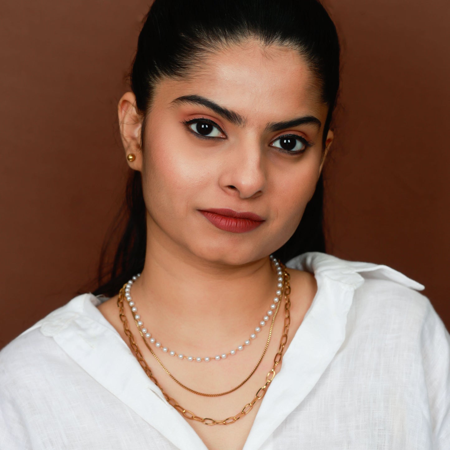 Layered Gold & Pearl Chain Necklace Set