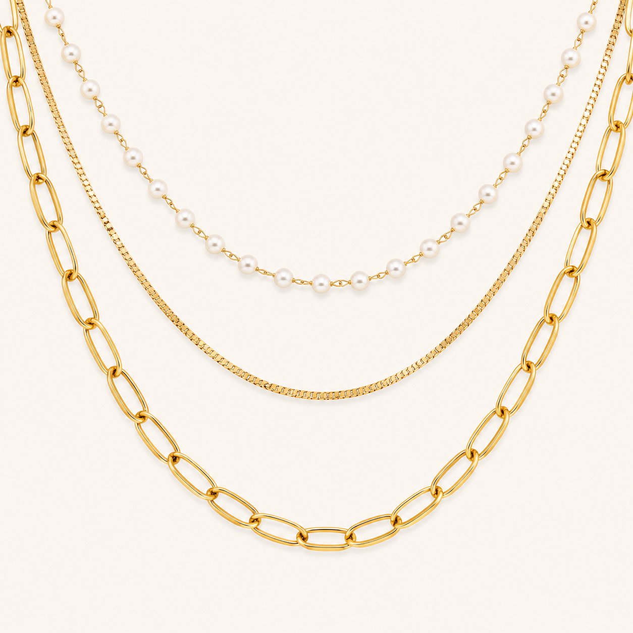 Layered Gold & Pearl Chain Necklace Set