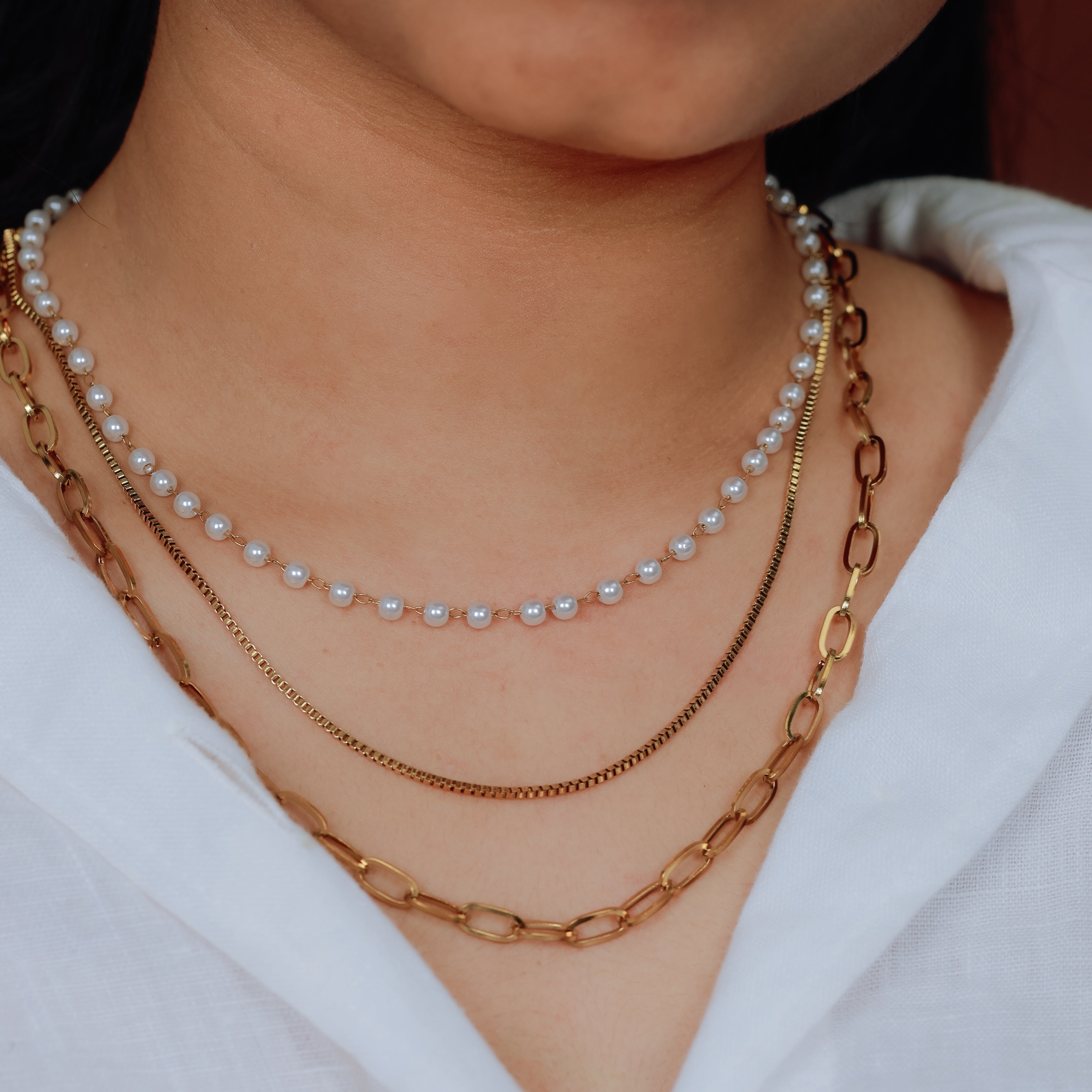 Layered Gold & Pearl Chain Necklace Set