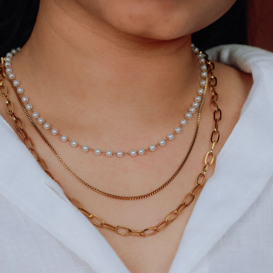 Layered Gold & Pearl Chain Necklace Set