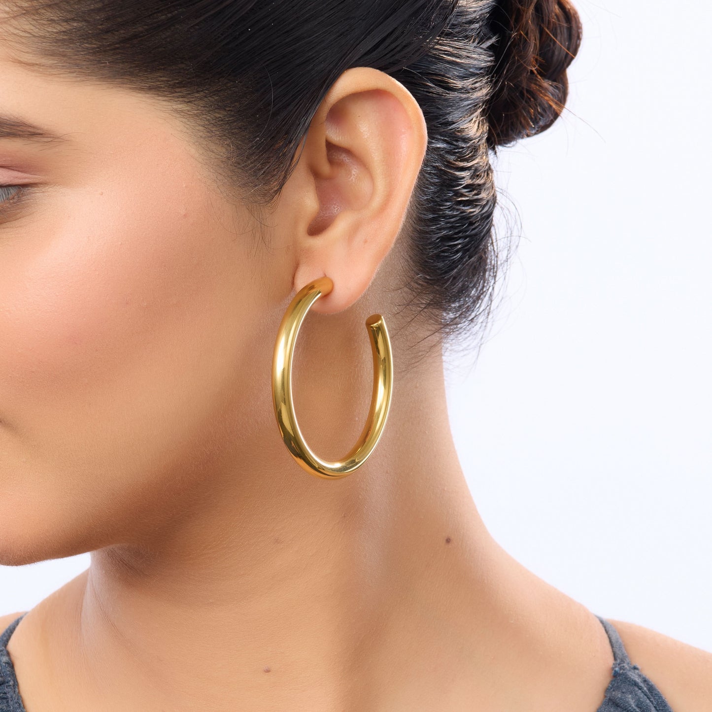 Amore Bold Tubular Hoop Stud Earrings - large gold plated architectural hoop stud earrings for women - view 2