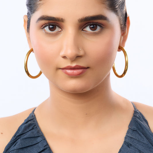 Amore Bold Tubular Hoop Stud Earrings - large gold plated architectural hoop stud earrings for women - view 5