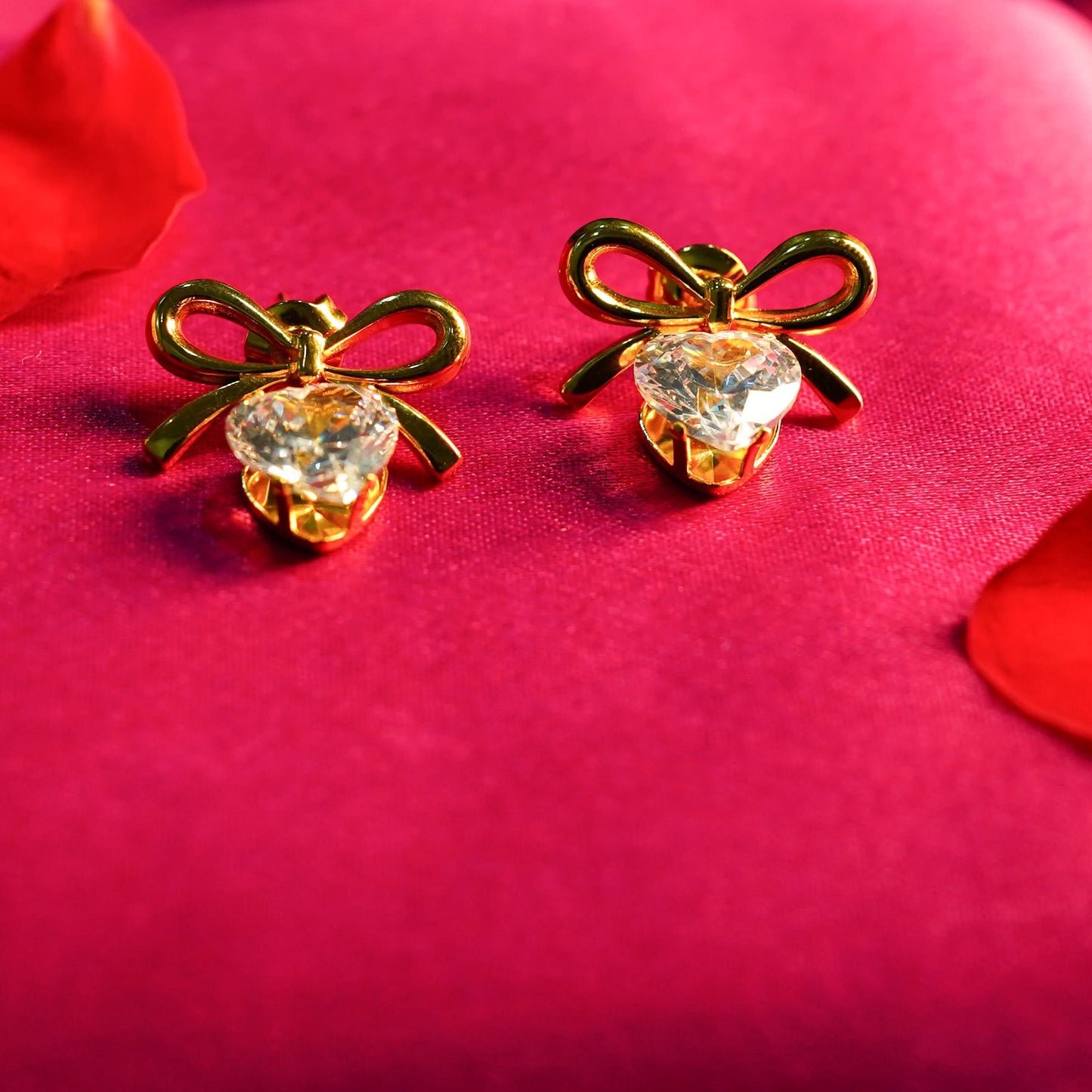Amore Bow Heart Zircon Stud Earrings - gold plated bow and heart zircon stud earrings for women - view 5