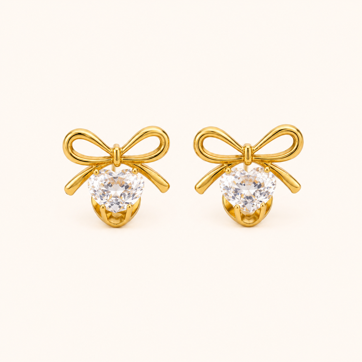Amore Bow Heart Zircon Stud Earrings - gold plated bow and heart zircon stud earrings for women