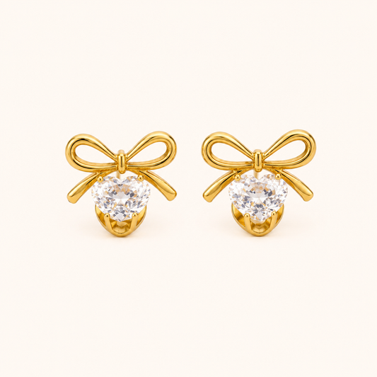 Amore Bow Heart Zircon Stud Earrings - gold plated bow and heart zircon stud earrings for women