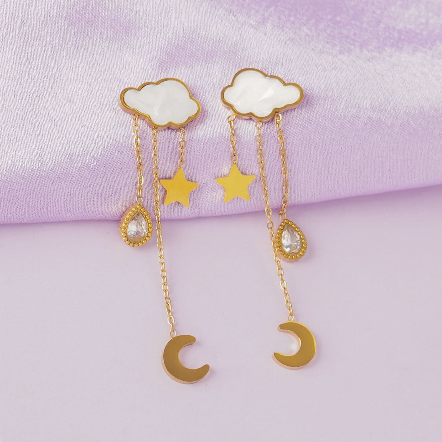 Amore Celestial Cloud Star Drop Earrings - gold plated cloud star moon drop earrings for women - view 3
