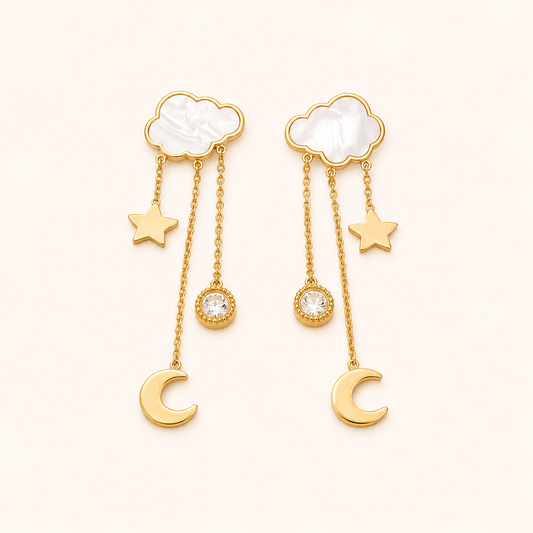 Amore Celestial Cloud Star Drop Earrings - gold plated cloud star moon drop earrings for women