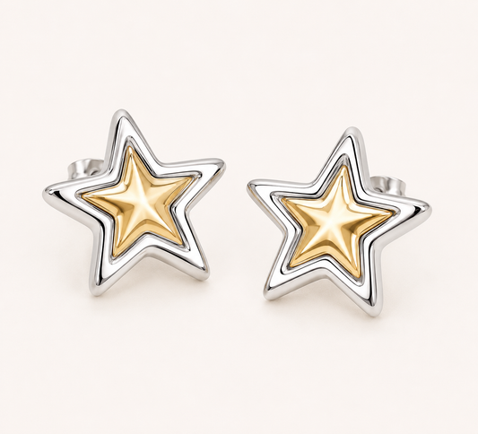 Amore Dual-Tone Star Drop Earrings - gold and silver star drop earrings for women - view 2