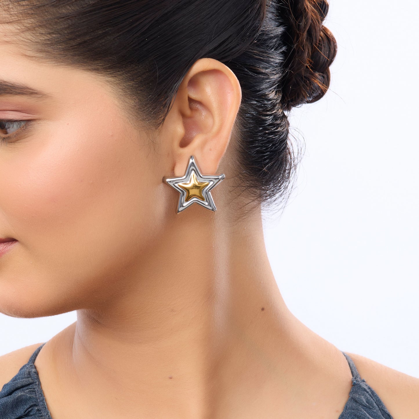 Amore Dual-Tone Star Drop Earrings - gold and silver star drop earrings for women - view 3