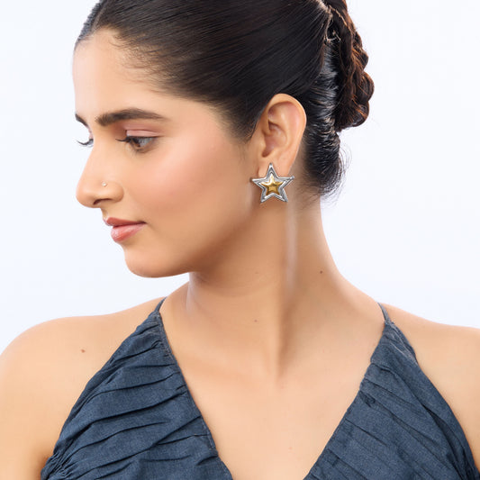 Amore Dual-Tone Star Drop Earrings - gold and silver star drop earrings for women - view 4