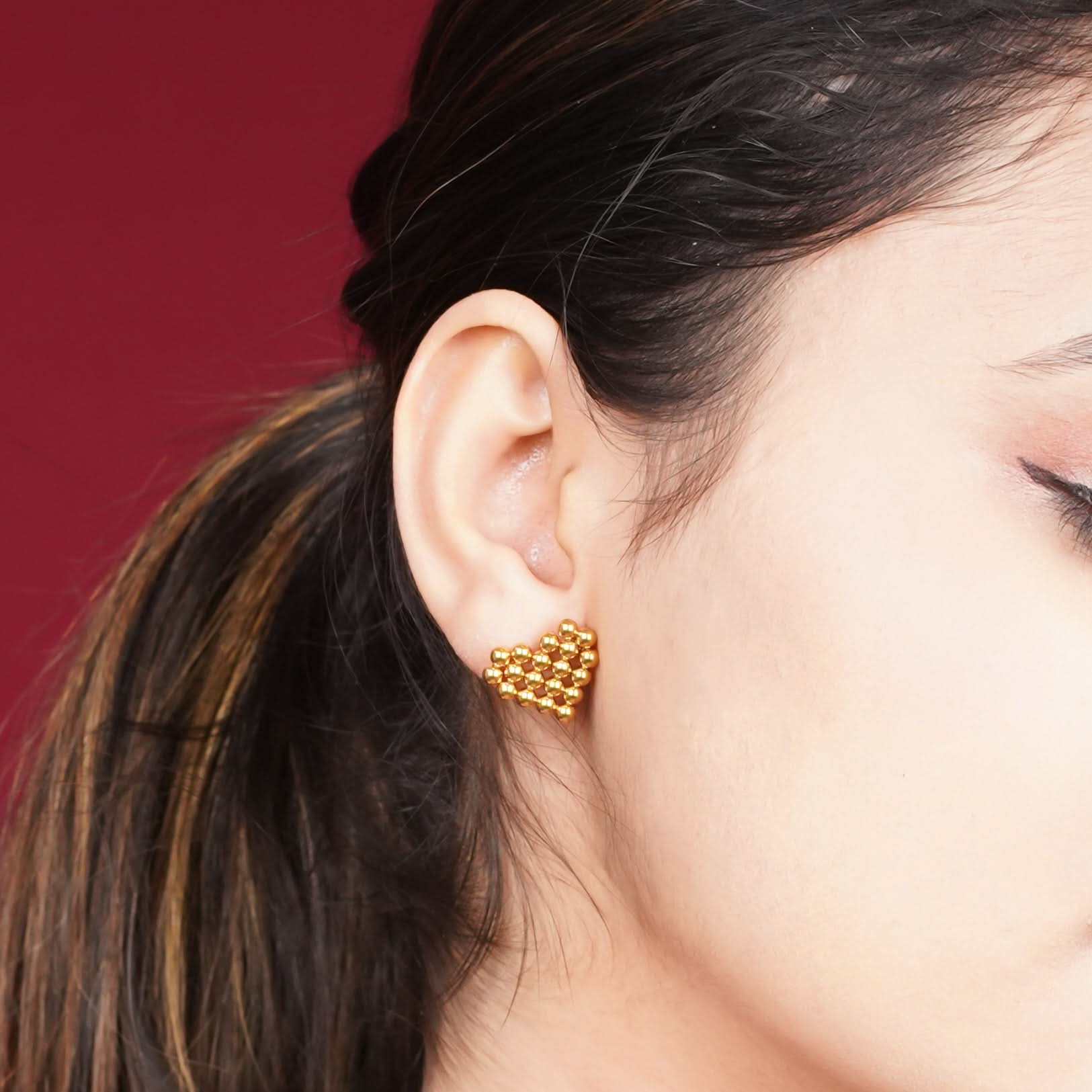 Amore Heart Caviar Bead Stud Earrings - gold plated heart shaped beaded stud earrings for women - view 2