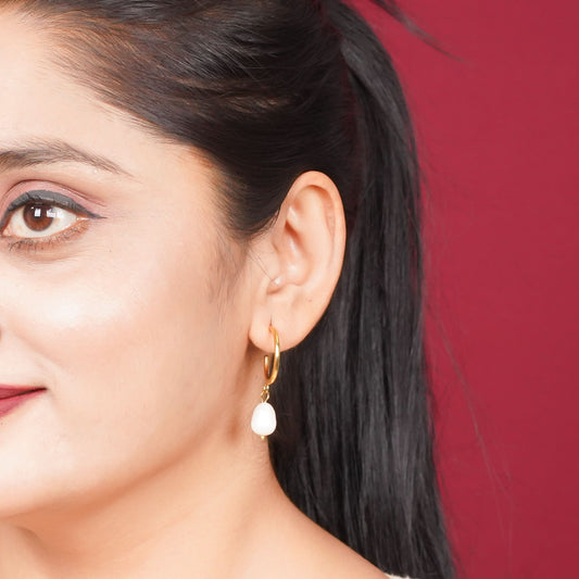 Amore Pearl Drop Hoop Earrings - gold plated hoop earrings with hanging pearl for women - view 2