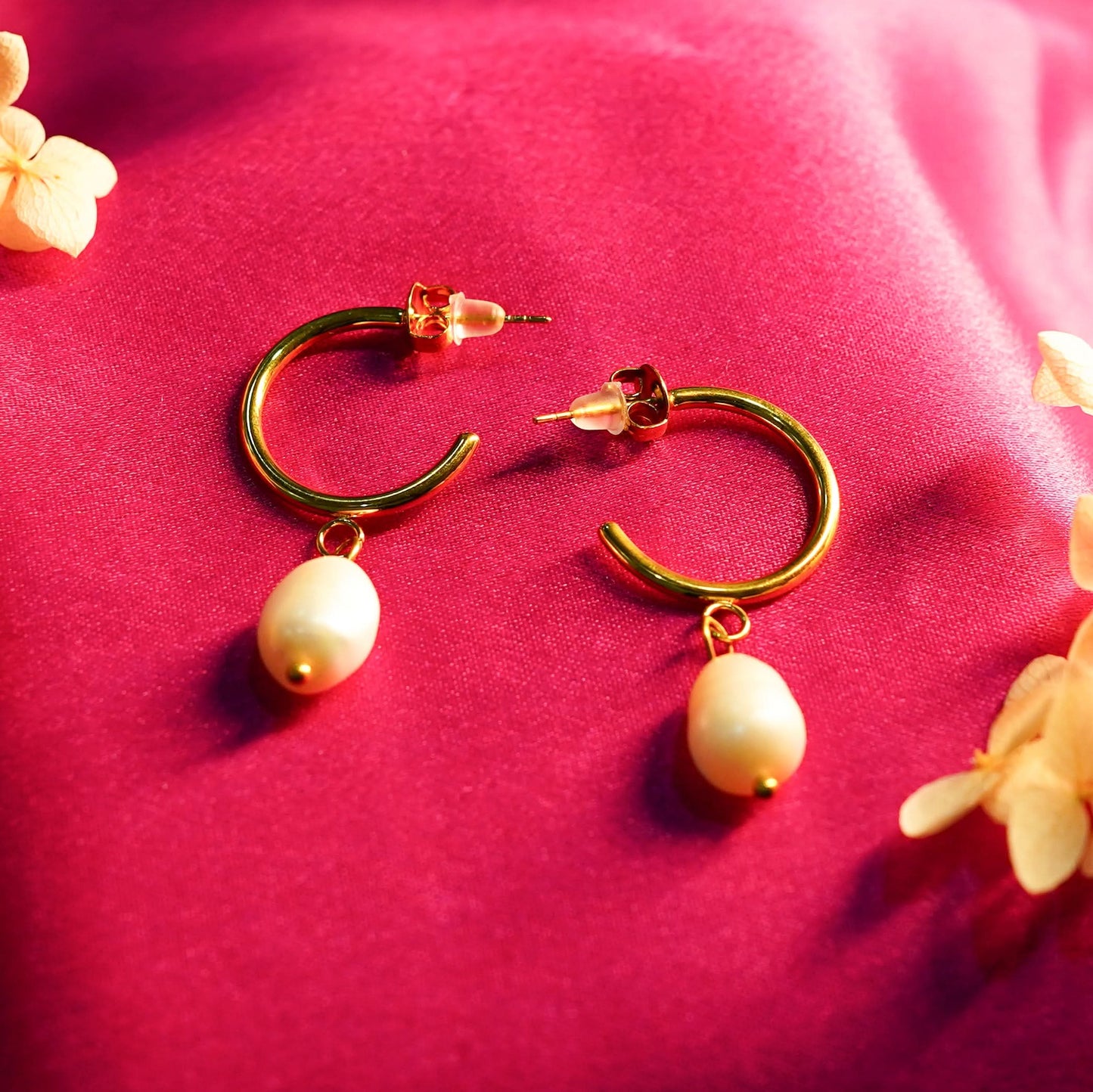 Amore Pearl Drop Hoop Earrings - gold plated hoop earrings with hanging pearl for women - view 4
