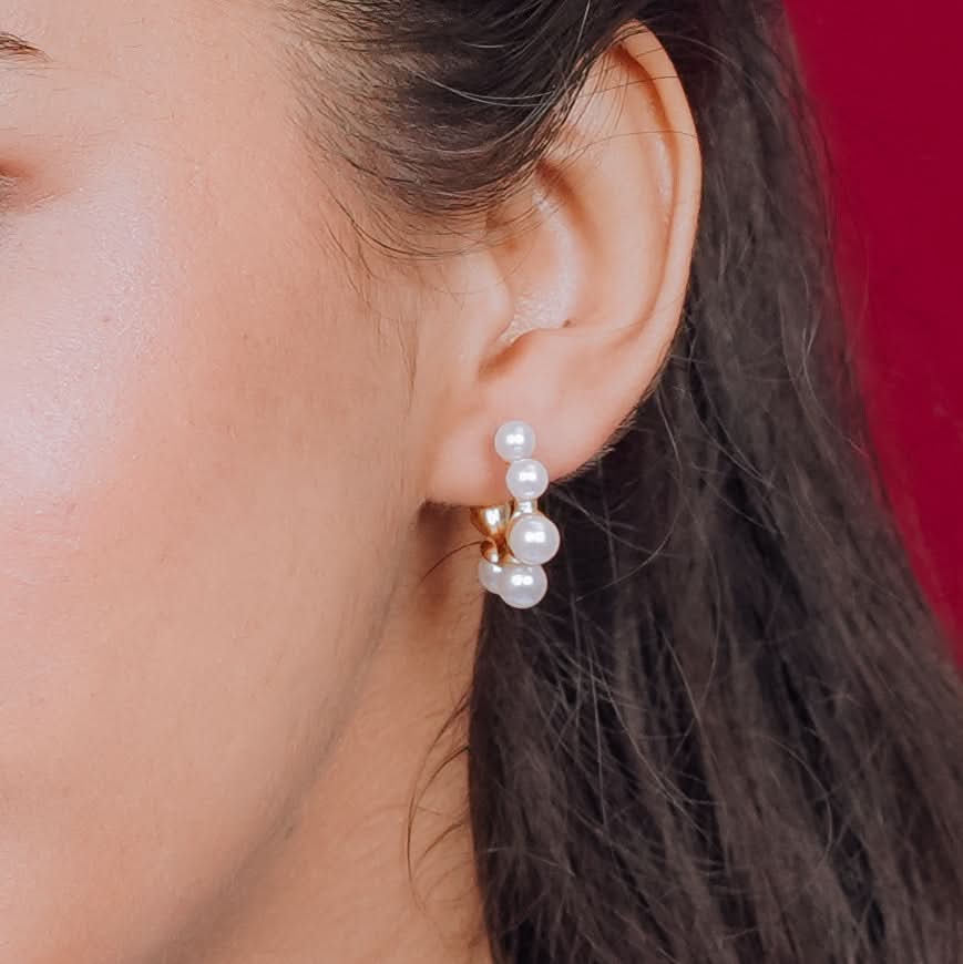 Amore Pearl Fan Semi-Hoop Earrings - gold plated pearl fan hoop earrings for women - view 3