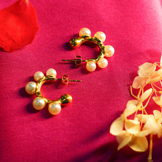 Amore Pearl Fan Semi-Hoop Earrings - gold plated pearl fan hoop earrings for women - view 5
