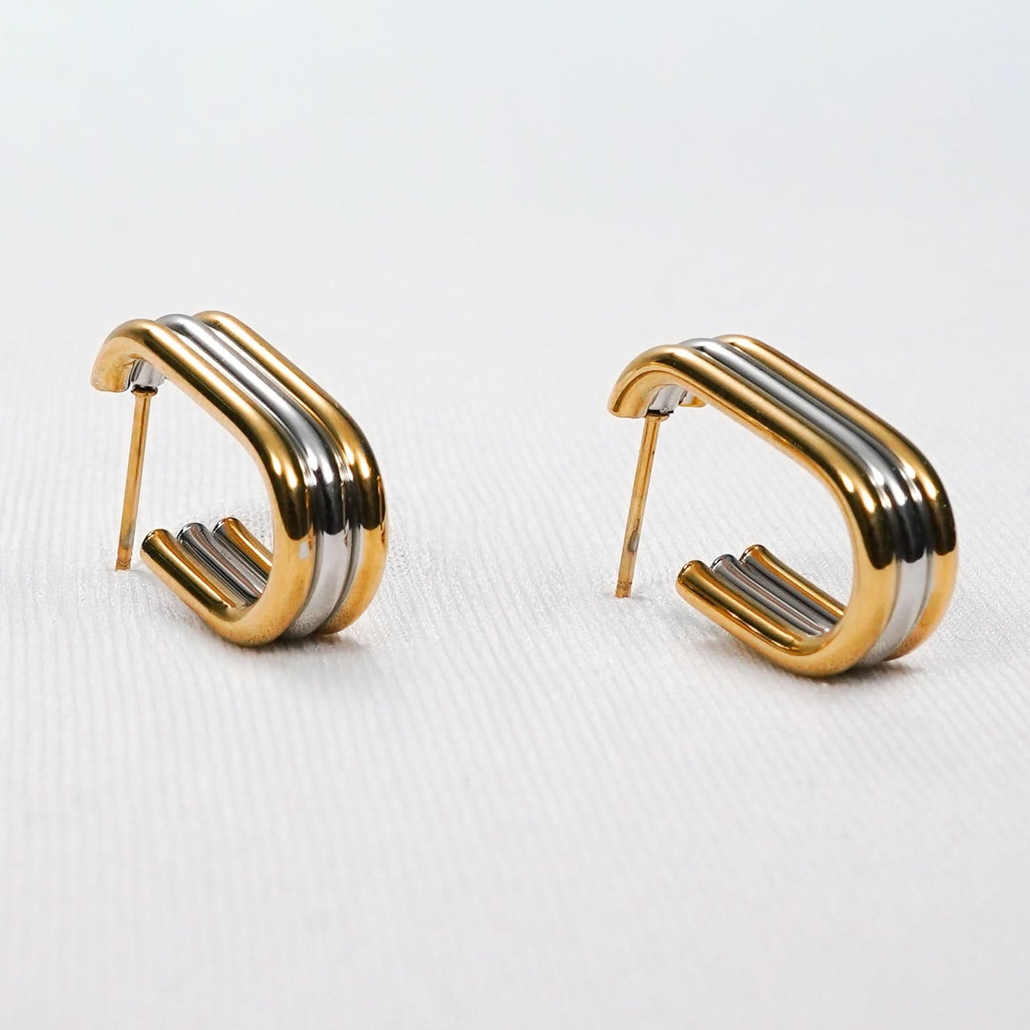 Amore Ribbed Dual-Tone J-Hoop Earrings - gold and silver ribbed hoop earrings for women - view 3