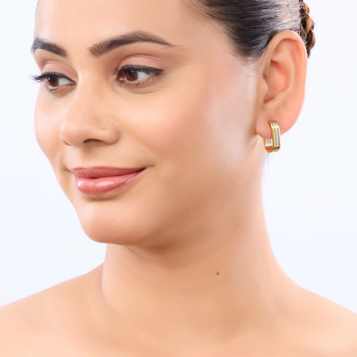 Amore Ribbed Dual-Tone J-Hoop Earrings - gold and silver ribbed hoop earrings for women - view 4
