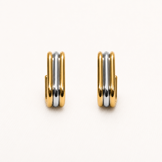 Amore Ribbed Dual-Tone J-Hoop Earrings - gold and silver ribbed hoop earrings for women